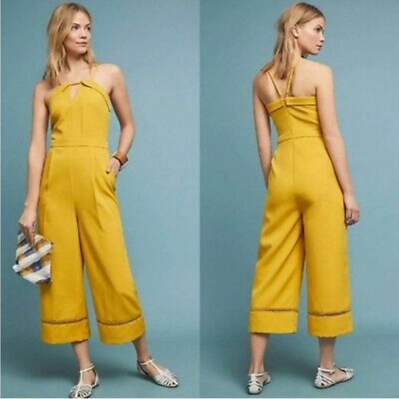 Anthropologie Adelyn Rae Wide Leg Culotte Jumpsuit Romper Mustard Women’s Sz S - Picture 9 of 9